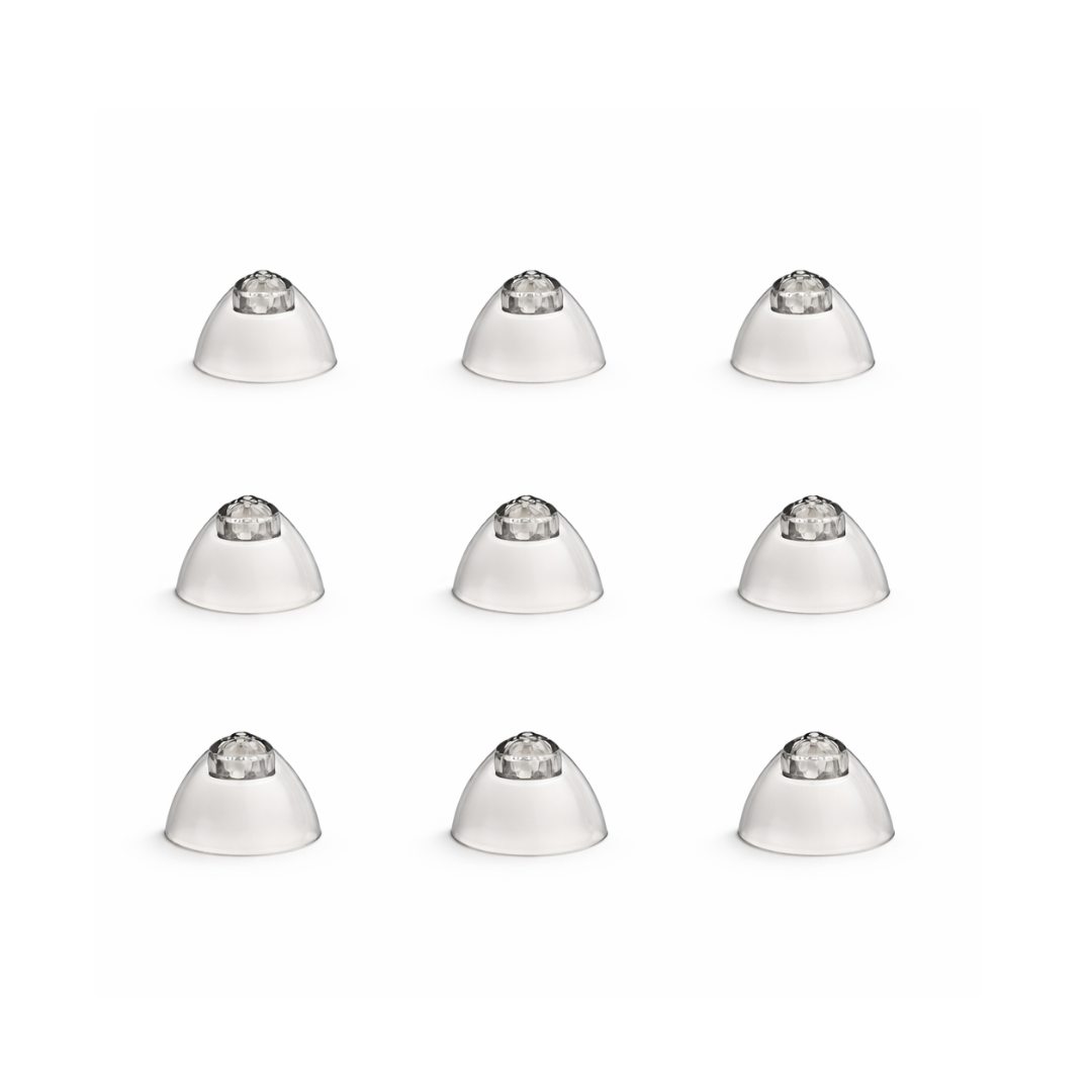 Nine clear ear tip replacements with crystal-like tops are arranged in a three-by-three grid on a white background—perfect as Vivtone Ear Tip Replacements for Super-Mini Hearing Aids or as replacement hearing aid domes.